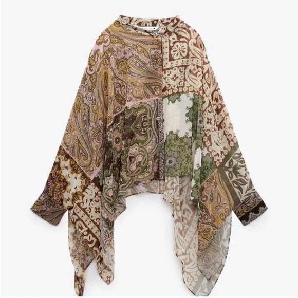 Zara Sheer Paisley Print Button Down Patchwork Gauze Cape Blouse - Picture 1 of 9